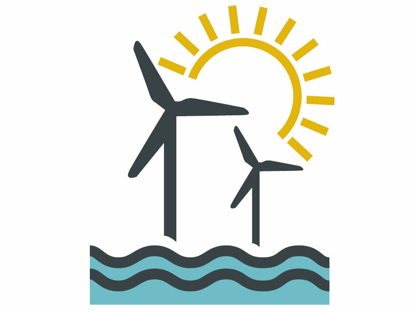 Stilisert bilde med vindmøller, sol og vann for visning av fornybar strøm