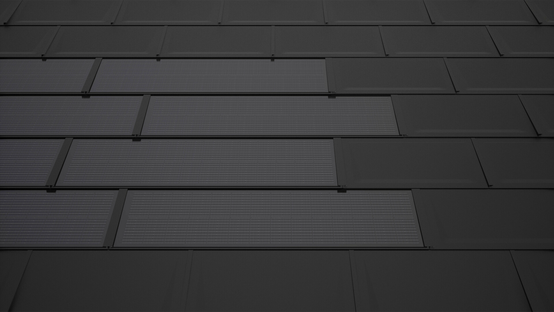 Bildet viser PREFA solcelle takplater i svart, montert på et tak, kombinert med PREFA takplate R.16. Solcellemodulene er plassert i jevne rekker.