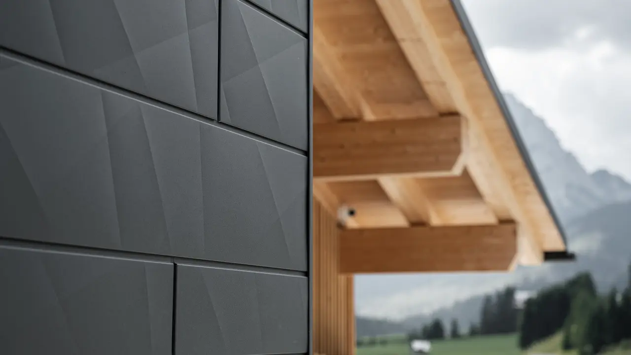 Nærbilde av Siding.X fasadepaneler i P.10 svart fra PREFA på Casa Hoffe i Sappada, Italia. Fasadesystemet i aluminium er montert i et moderne, abstrakt design som skaper en vakker kontrast til de synlige treelementene i takkonstruksjonen. Den innovative fasadeløsningen glir sømløst inn i det alpine miljøet og representerer en kombinasjon av funksjonalitet, holdbarhet og estetisk byggeskikk.