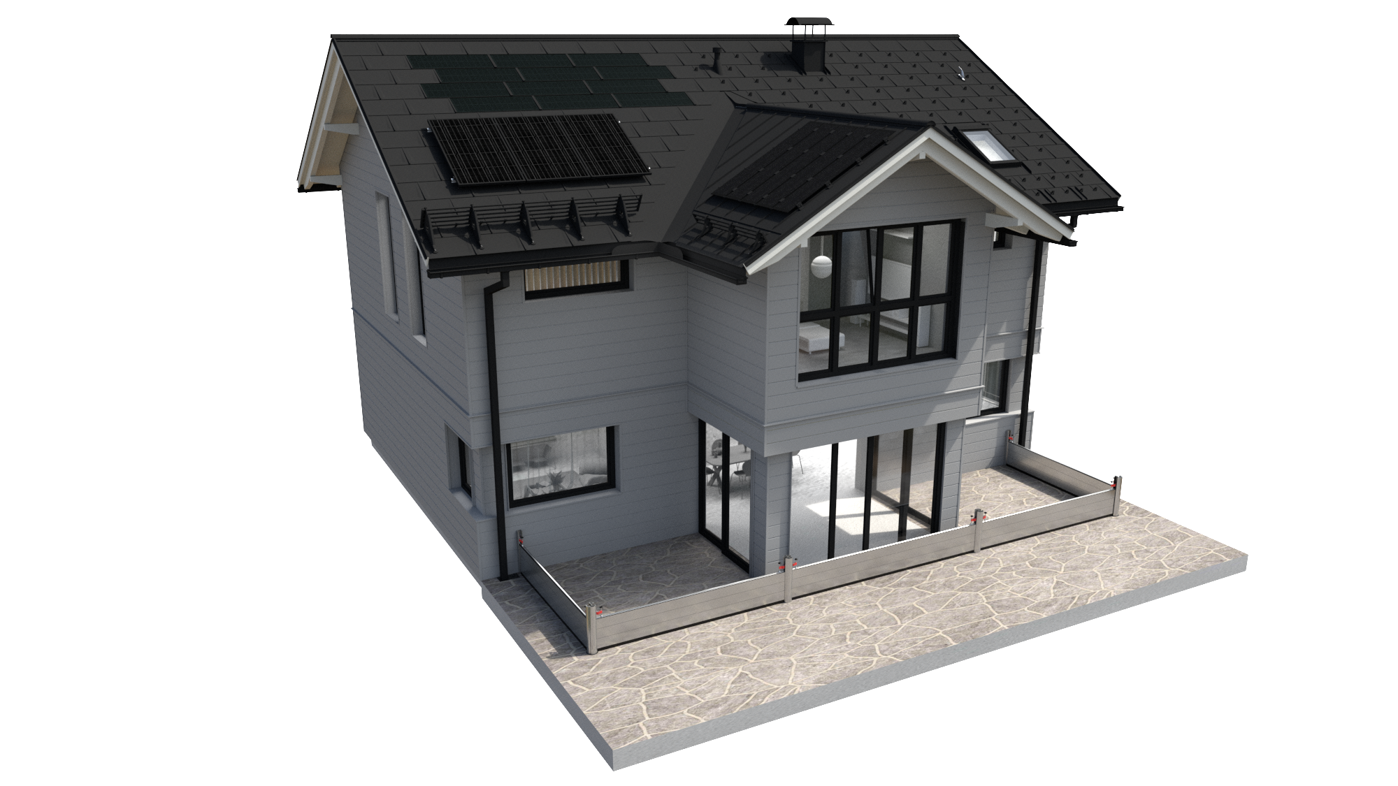 PREFA komplettsystem med R.16 takpanel, solcelle takplate, solcellemodul PREFALZ, Siding fasadekledning, takdrenering og flomsikring