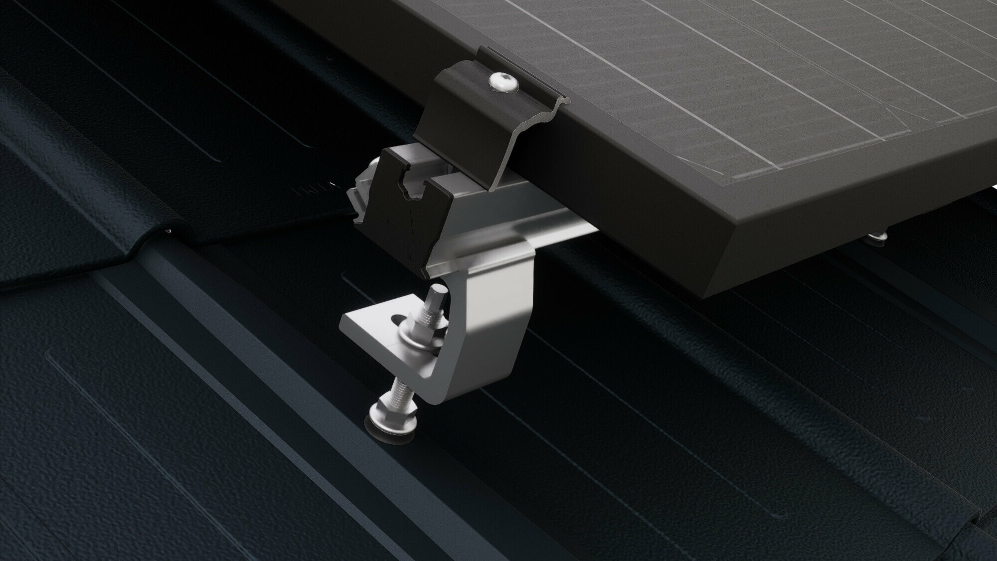 Nærbilde av PREVARIO Sunny spesialholder for solcellepanel, montert på PREFA takplate, som bærer profilskinnen. Solcellemodullet er feste til profilskinnen med PREVARIO endeklemme.