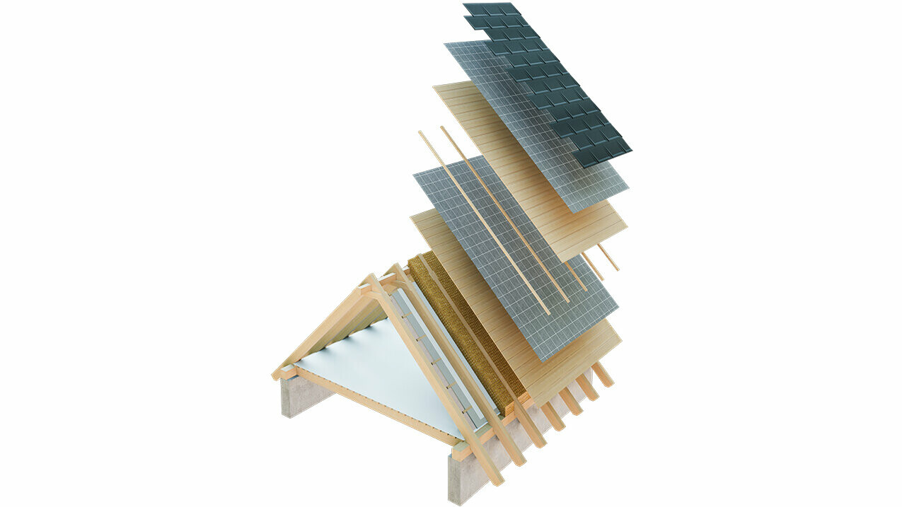 Teknisk visning av en takoppbygging av et kaldt tak, flerlags takoppbygging med lekter, full forskaling, separasjonslag, takstol. Loft kan brukes som oppholdsrom, dobbeltskall takoppbygging, ventilert takoppbygging. Sløyfer
