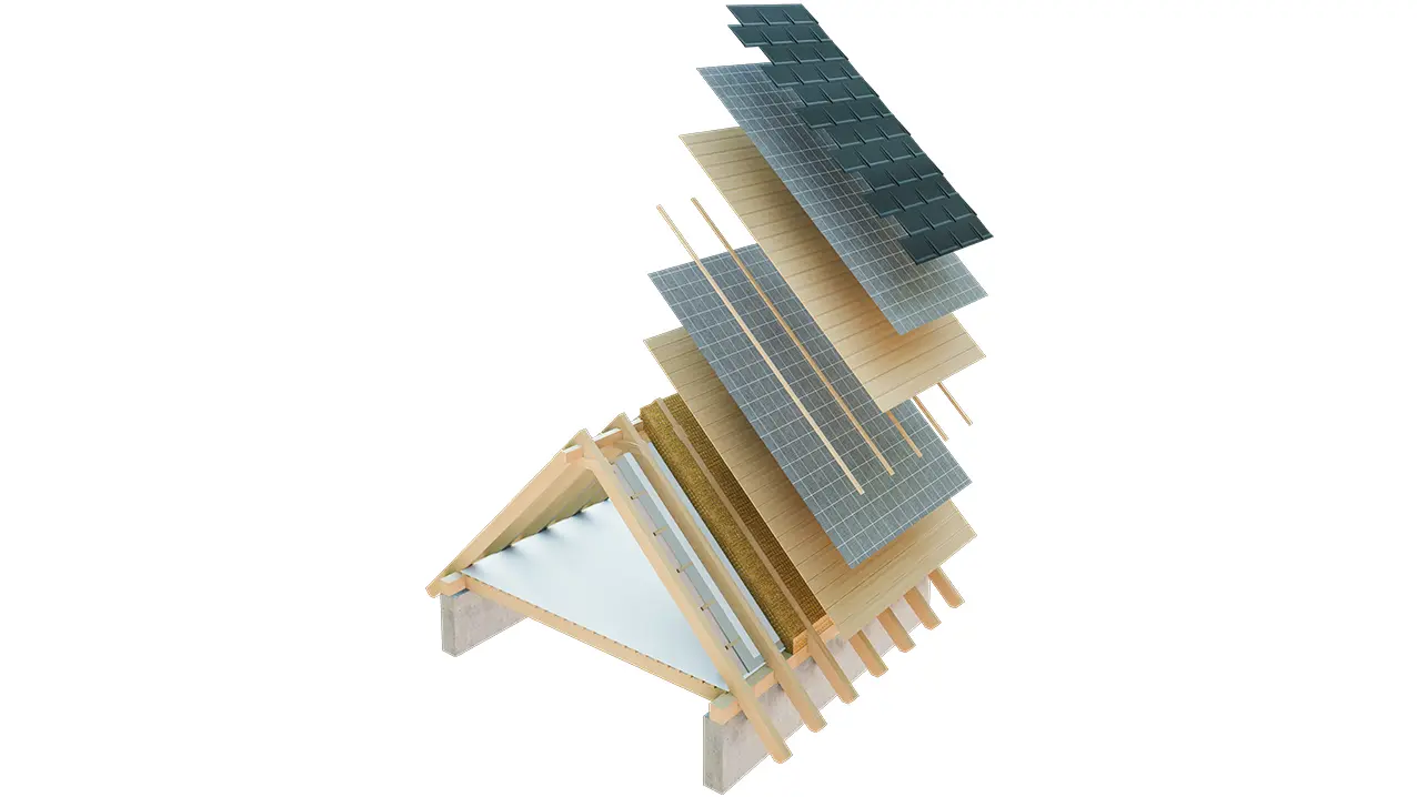 Teknisk visning av en takoppbygging av et kaldt tak, flerlags takoppbygging med lekter, full forskaling, separasjonslag, takstol. Loft kan brukes som oppholdsrom, dobbeltskall takoppbygging, ventilert takoppbygging. Sløyfer