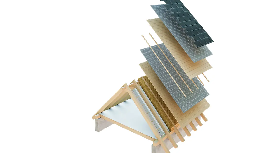 Teknisk visning av en takoppbygging av et kaldt tak, flerlags takoppbygging med lekter, full forskaling, separasjonslag, takstol. Loft kan brukes som oppholdsrom, dobbeltskall takoppbygging, ventilert takoppbygging. Sløyfer