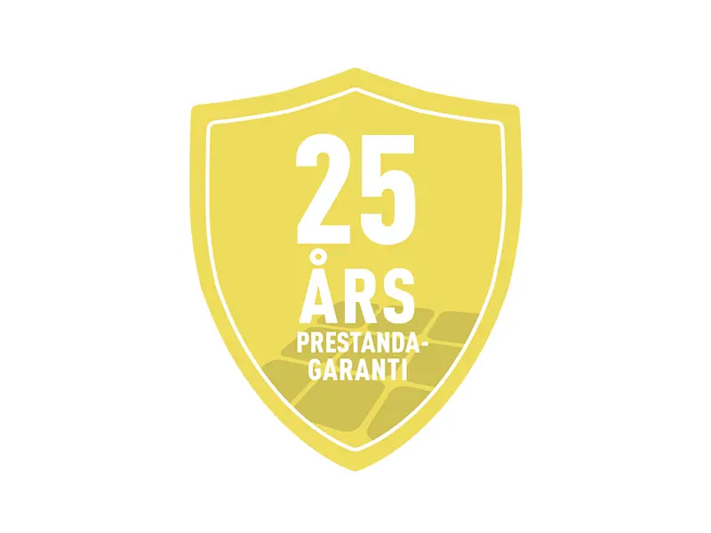 Gul garantilogo som representerer 25 års ytelsesgaranti for PREFA solcelle takplate od solcellemodulen PREFALZ.