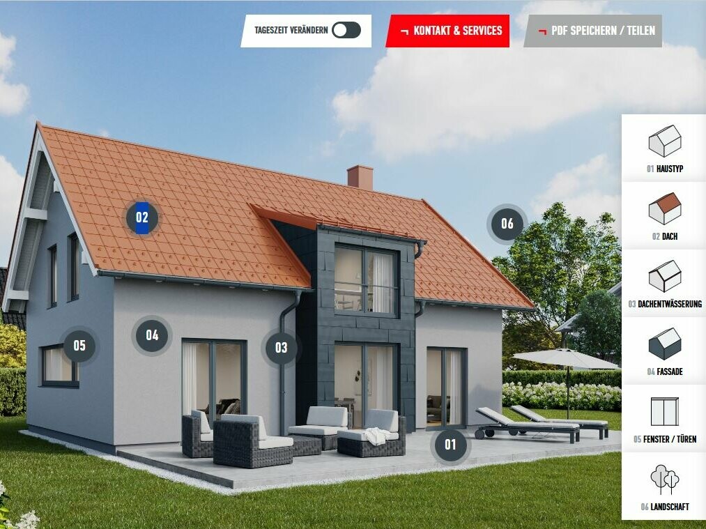Konfigurator for renovering av fasader: Interaktiv husvisning med valgbare fasade-, tak- og vindusalternativer for individuell utforming og planlegging av ny fasade.
