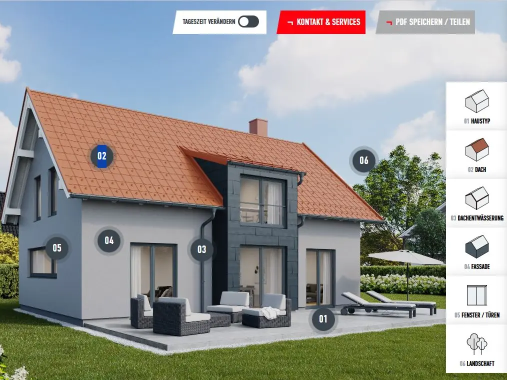 Konfigurator for renovering av fasader: Interaktiv husvisning med valgbare fasade-, tak- og vindusalternativer for individuell utforming og planlegging av ny fasade.