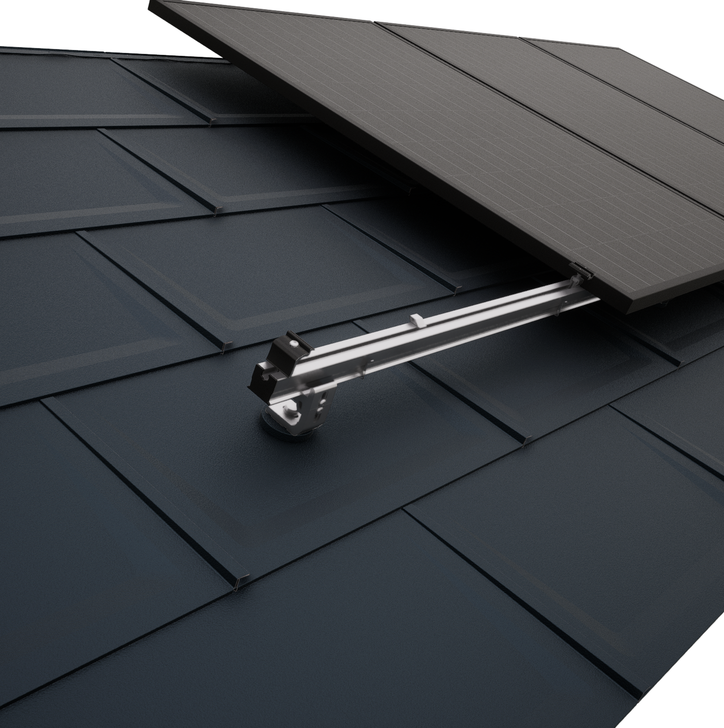 Nahaufnahme eines PREFA Daches mit PV-Modulen, welche mit dem PREVARIO Solarmontagesystem befestigt wurden.