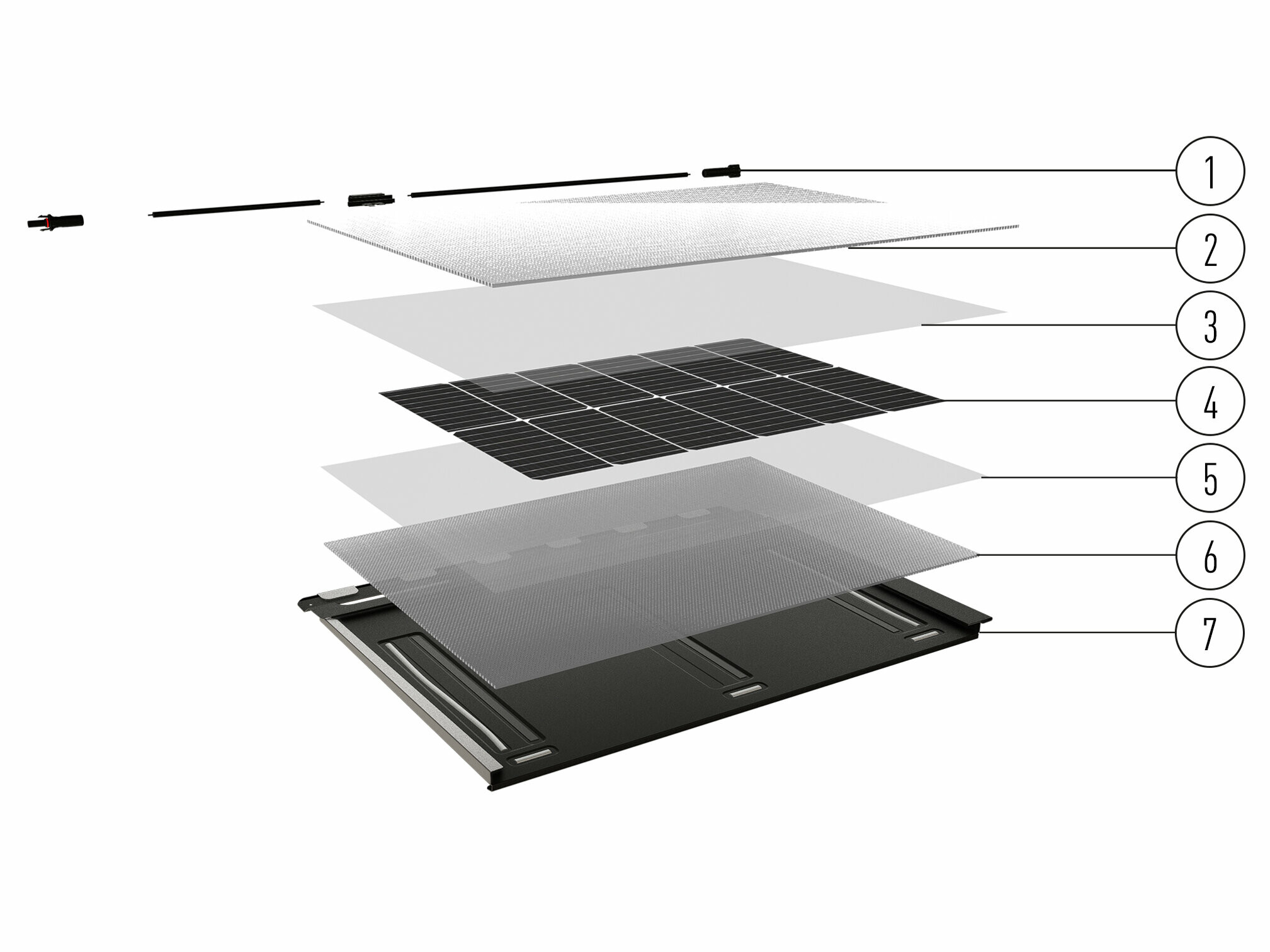 PREFA solcelle takplate med lagvis takkonstruksjon med PV-plugg, prismatisk solglass, omslutningsmateriale, solcelle, innkapslingsmateriale, baksidefolie og takpanel i aluminium