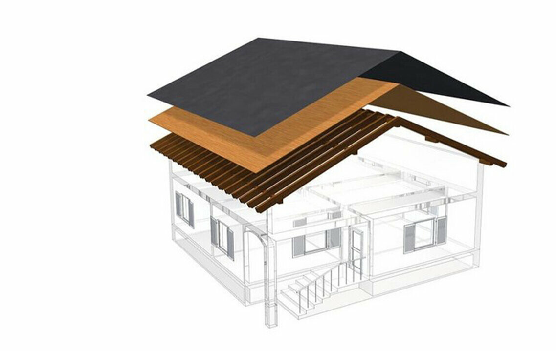 PREFA teknisk illustrasjon av en takkonstruksjon med enkel forskaling – det er ikke mulig å bo på loftet, fordi det brukes som ventilasjonsrom for metalltaket; full forskaling og separasjonslag uten lektere. Varmt tak