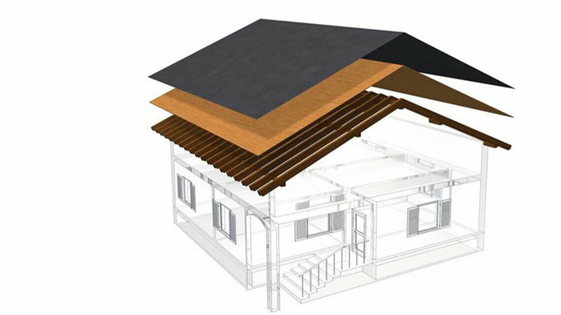 PREFA teknisk illustrasjon av en takkonstruksjon med enkel forskaling – det er ikke mulig å bo på loftet, fordi det brukes som ventilasjonsrom for metalltaket; full forskaling og separasjonslag uten lektere. Varmt tak