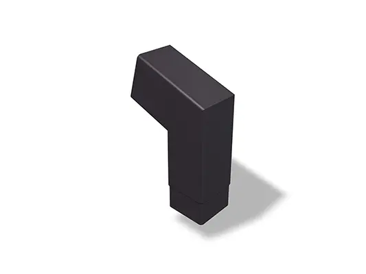 PREFA firkantrørbend 72° (kort), fås i størrelsene 80 og 100 mm, med mål 196 x 196 mm (synlig). Denne kompakte rørbend gjør det mulig å endre retningen nøyaktig ved montering av firkantrør i tak- og fasadesystemer.