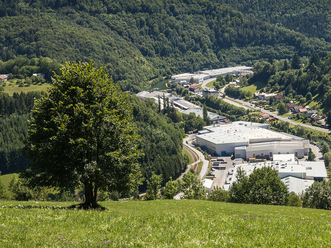 Opptak av PREFA-verket i Marktl fra en av de omkringliggende åsene, i forgrunnen står et tre på en grønn eng, i bakgrunnen ser man de store Lilienfeld-skogene