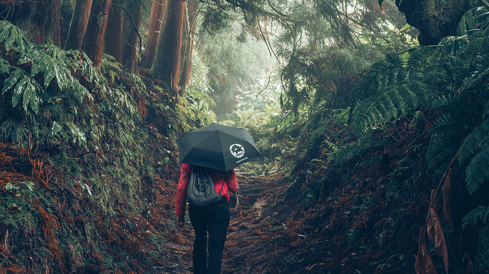 Fotoet  i skogen av en kvinnelig turgåer i rød jakke med PREFA paraply og treningsbag, symboliserer PREFA miljøvern og bærekraft, samt sirkulærøkonomi og resirkulering