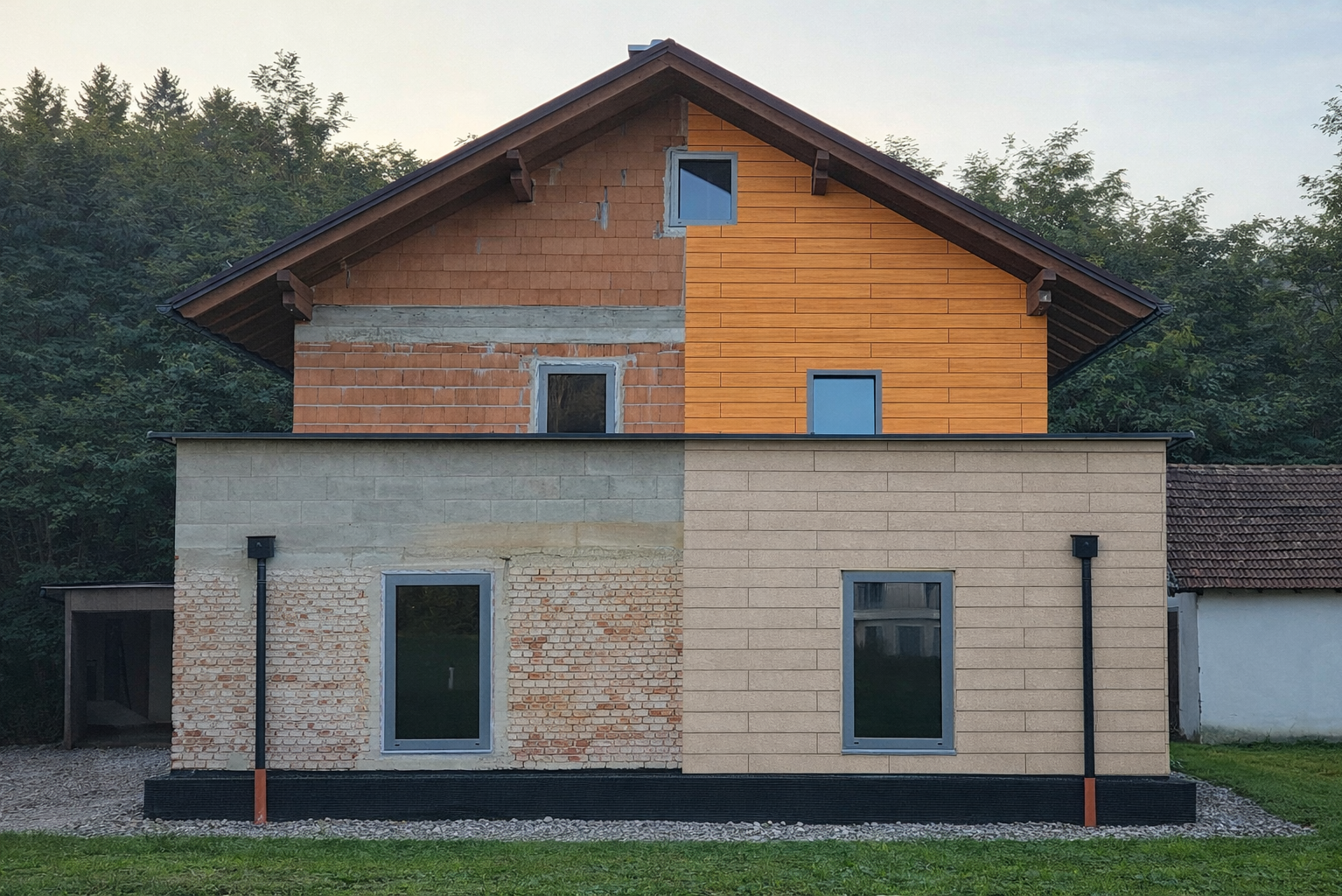 Fotoservice for renovering av fasader: Profesjonelt utarbeidet før- og etterbilde av et hus med ulike fasadematerialer – for realistisk visualisering av renoveringsløsninger. (Bildet er bearbeidet med KI)