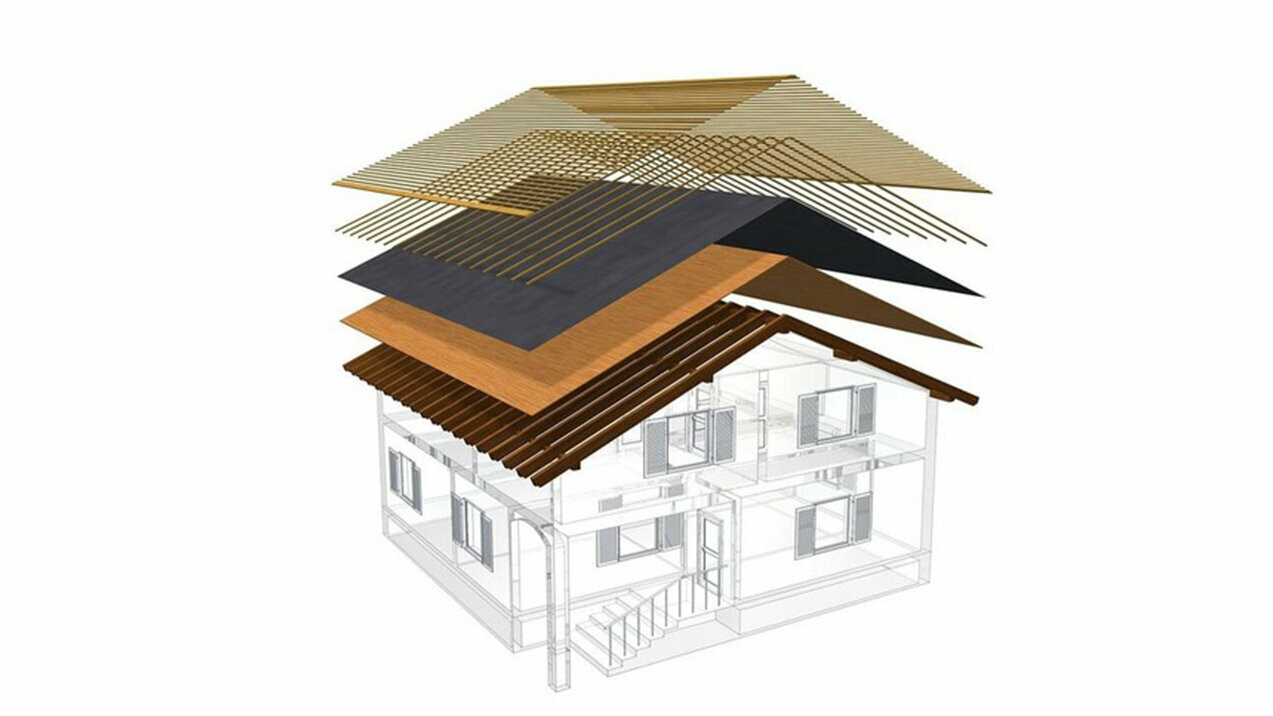 Teknisk visning av en takoppbygging av et kaldt tak, flerlags takoppbygging med lekter, full forskaling, separasjonslag, takstol. Loft kan brukes som oppholdsrom, dobbeltskall takoppbygging, ventilert takoppbygging. Sløyfer