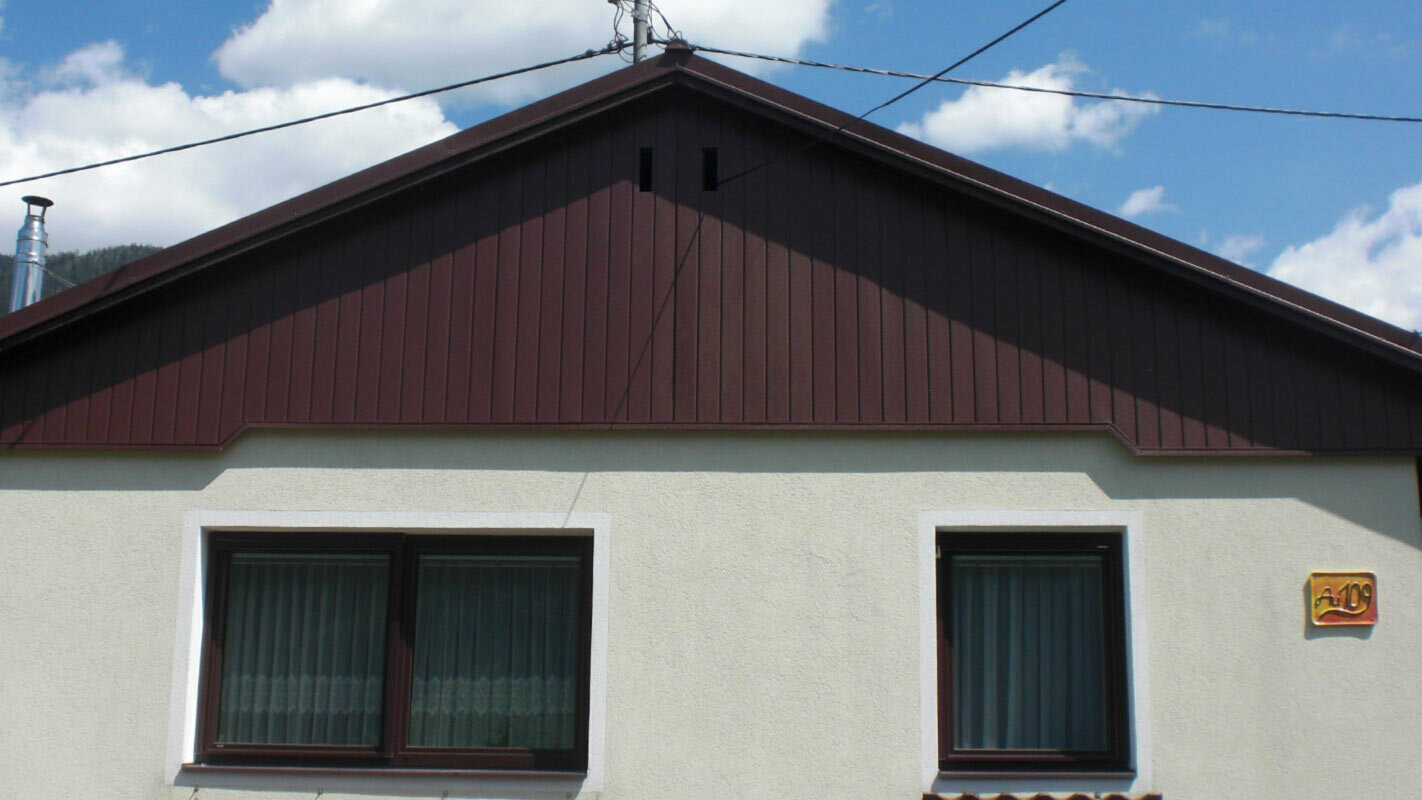 Renovering av fasaden på gavlen med PREFA Sidings i brunt, lys grønn fasade