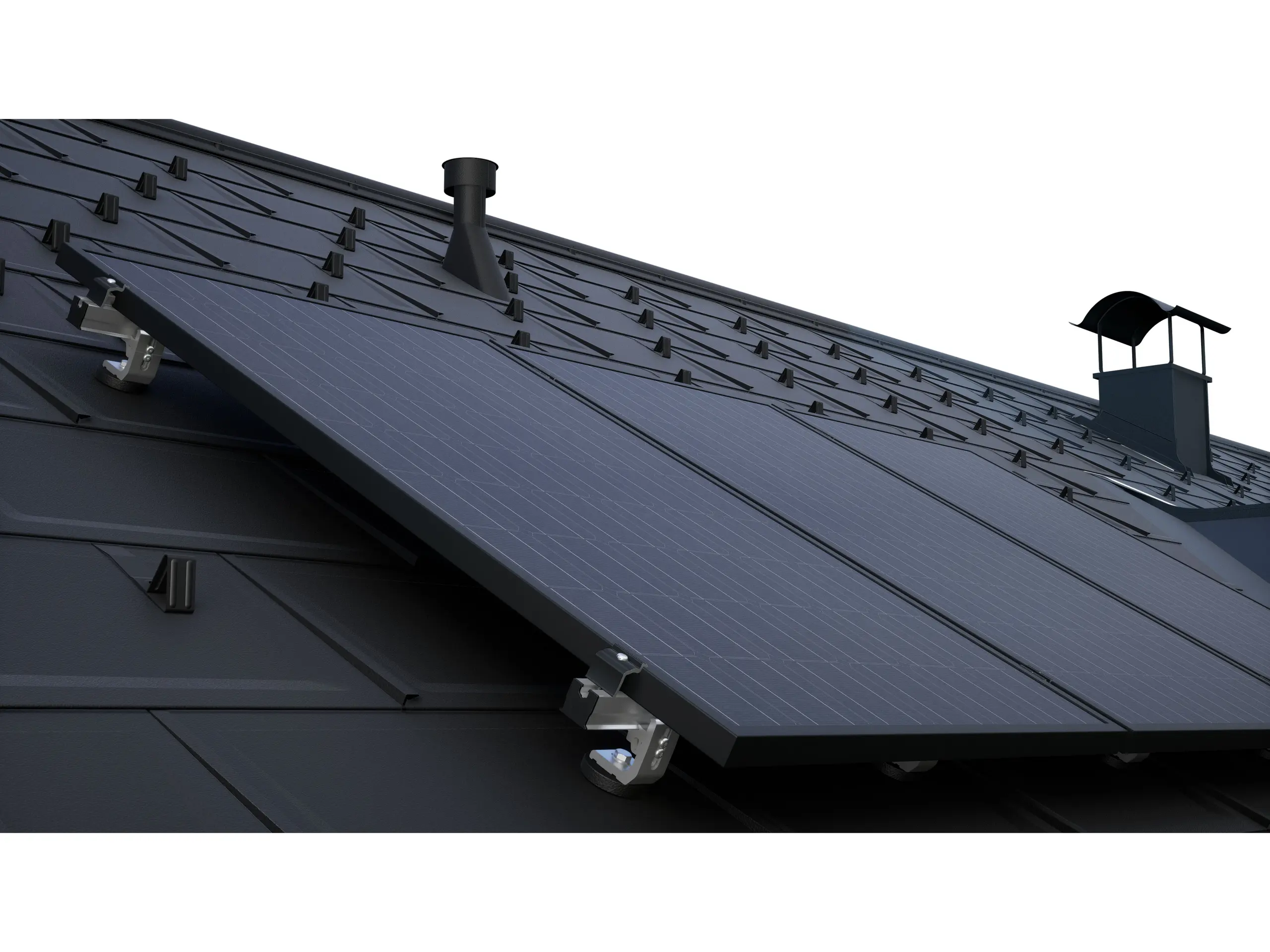 PV-Module montiert mit dem PREVARIO Solarmontagesystem auf einem dunklen PREFA Dach mit Dachplatten R.16.