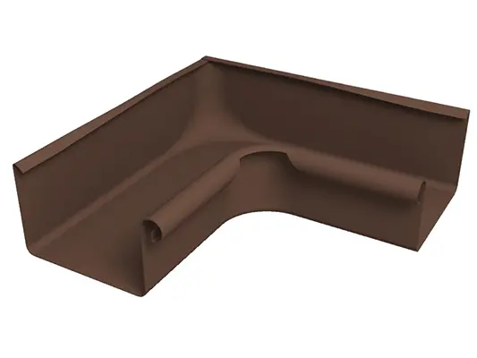 Bildet viser en brun PREFA firkantrennevinkel 90° innvendig i robust aluminium. Dette holdbare takrenne-tilbehøret gir en ren og tett forbindelse mellom firkantrenner i innervinkler og bidrar til pålitelig takdrenering. Innvendig vinkel er tilgjengelig i rennevidder 250, 333, 400 og 500.